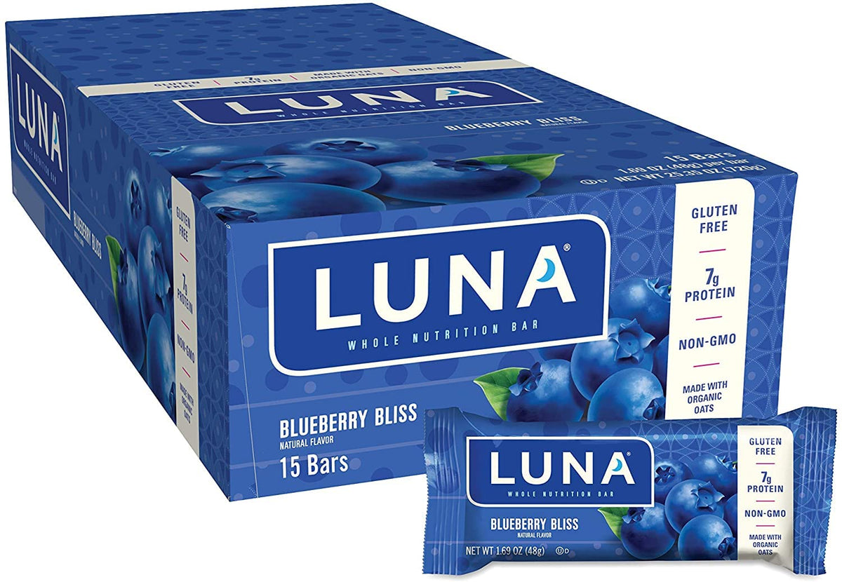 LUNA Bar Blueberry Bliss packaging showcases gluten-free, plant-based snacking for busy days.
