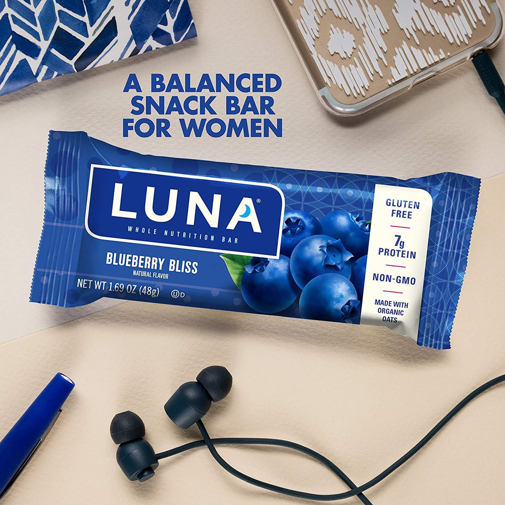 LUNA Bar Blueberry Bliss 15-count box ready for family and on-the-go snacking.