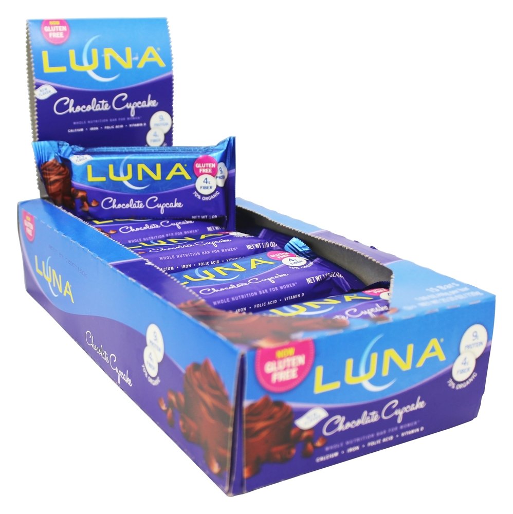 LUNA Bar Chocolate Cupcake gluten-free badge communicates mindful snacking.