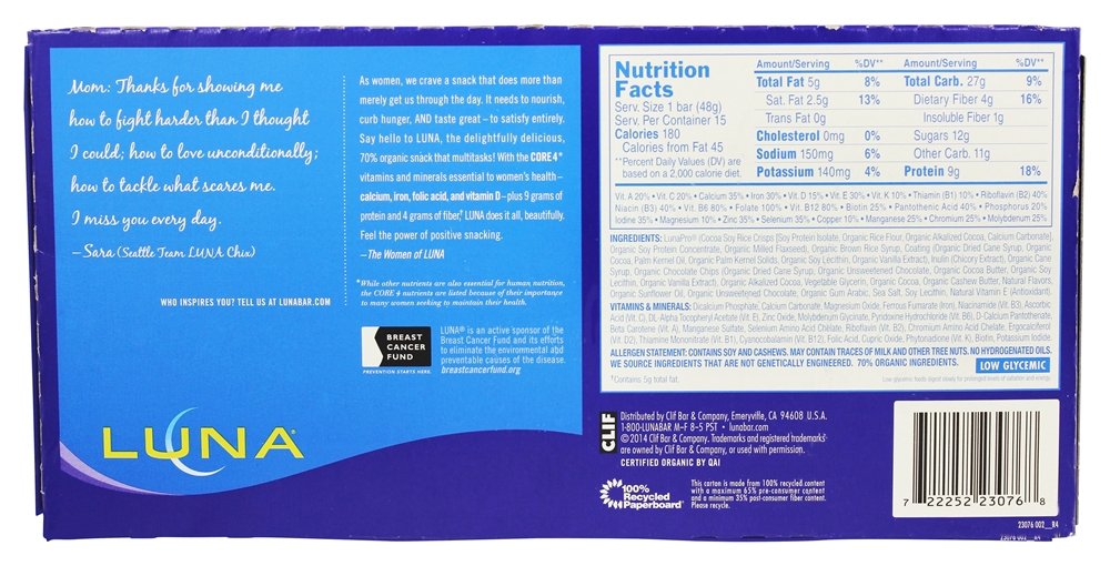 LUNA Bar Chocolate Cupcake Non-GMO badge highlights wholesome ingredients.