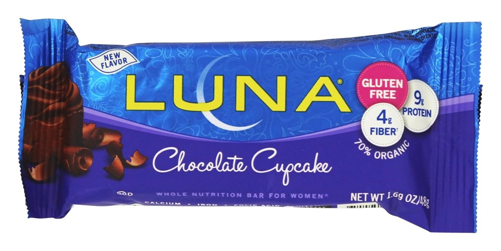 LUNA Bar Chocolate Cupcake packaging shows gluten-free plant-based snacking.