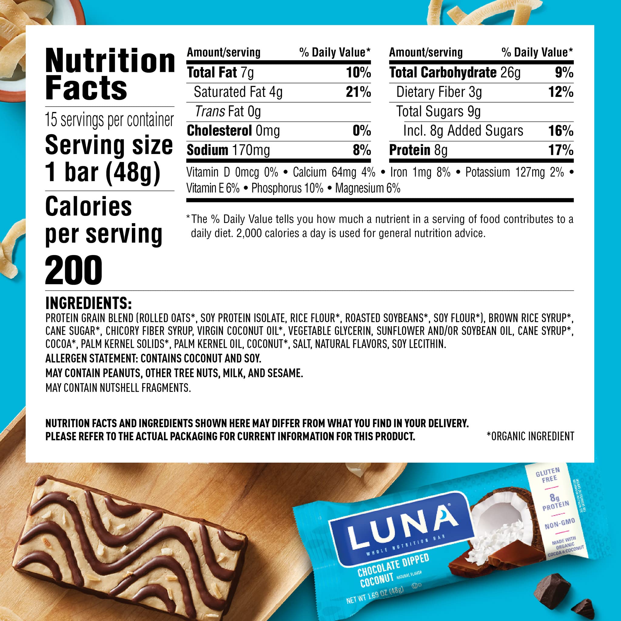 LUNA Bar Chocolate Dipped Coconut close-up emphasizes texture and cocoa flavor.