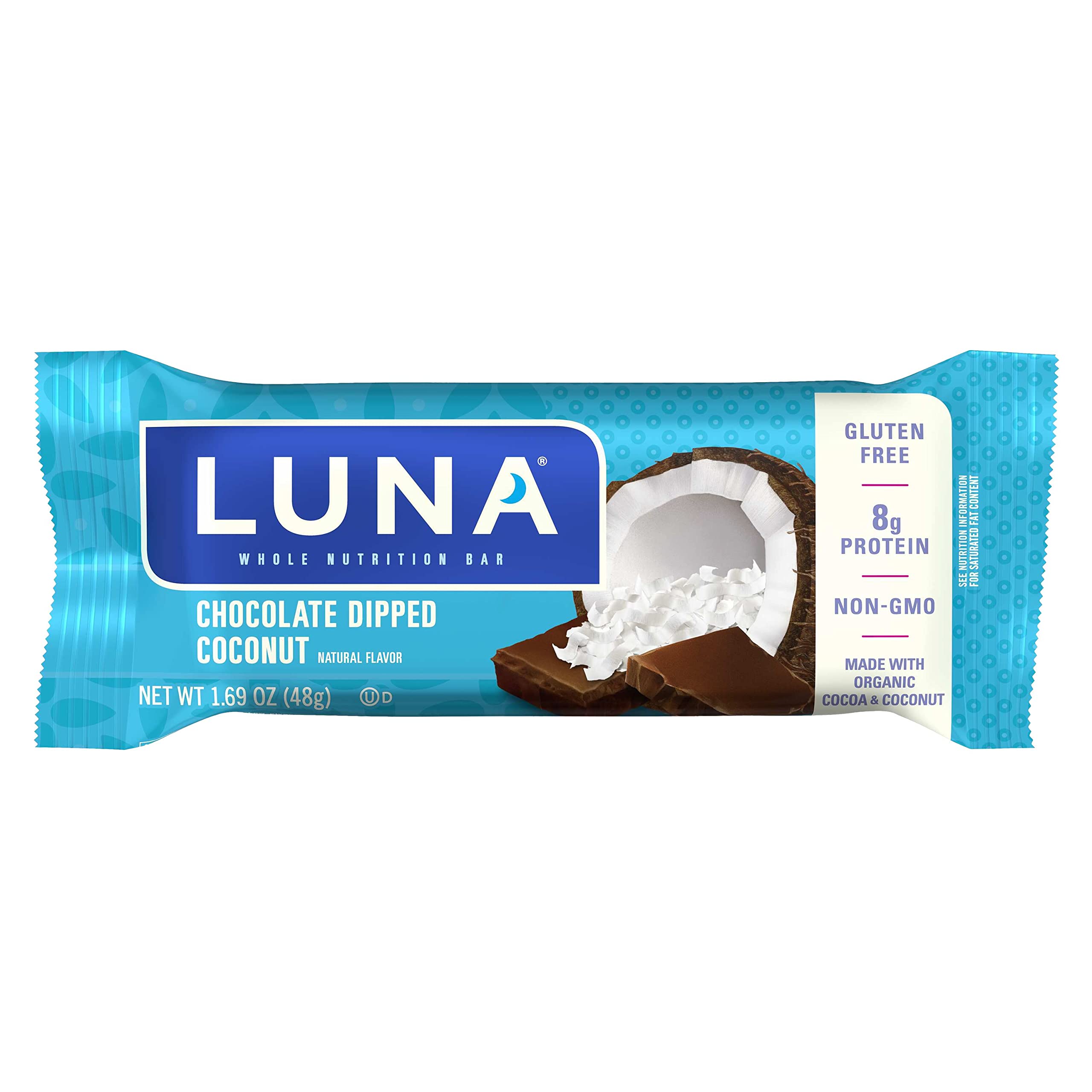 LUNA Bar Chocolate Dipped Coconut ingredients showcase plant-based protein and oats.