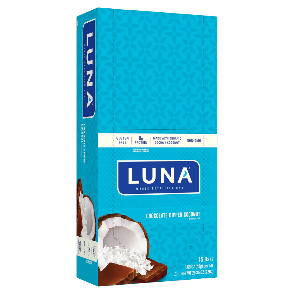 LUNA Bar Chocolate Dipped Coconut packaging highlights portable, gluten-free protein snack.