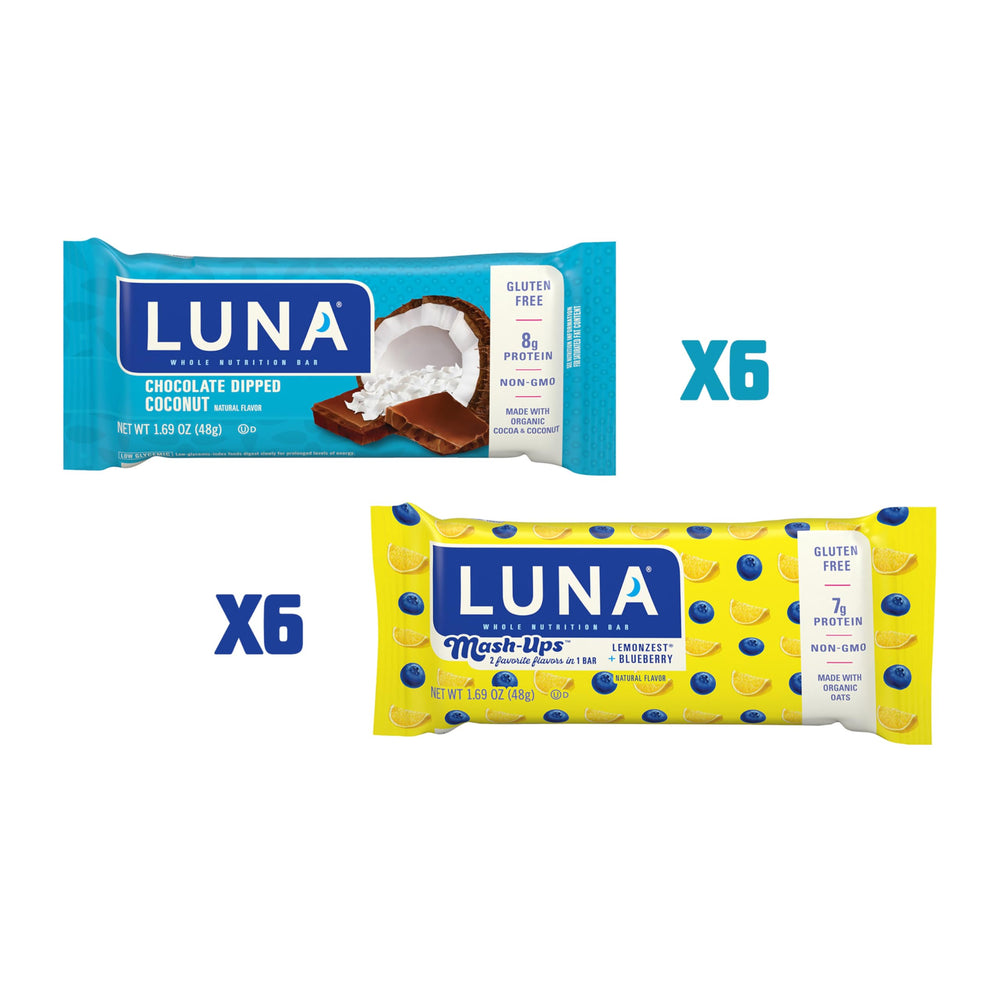 Luna Bar LemonZest Blueberry Mash-Ups featuring fruity notes in a gluten-free protein bar
