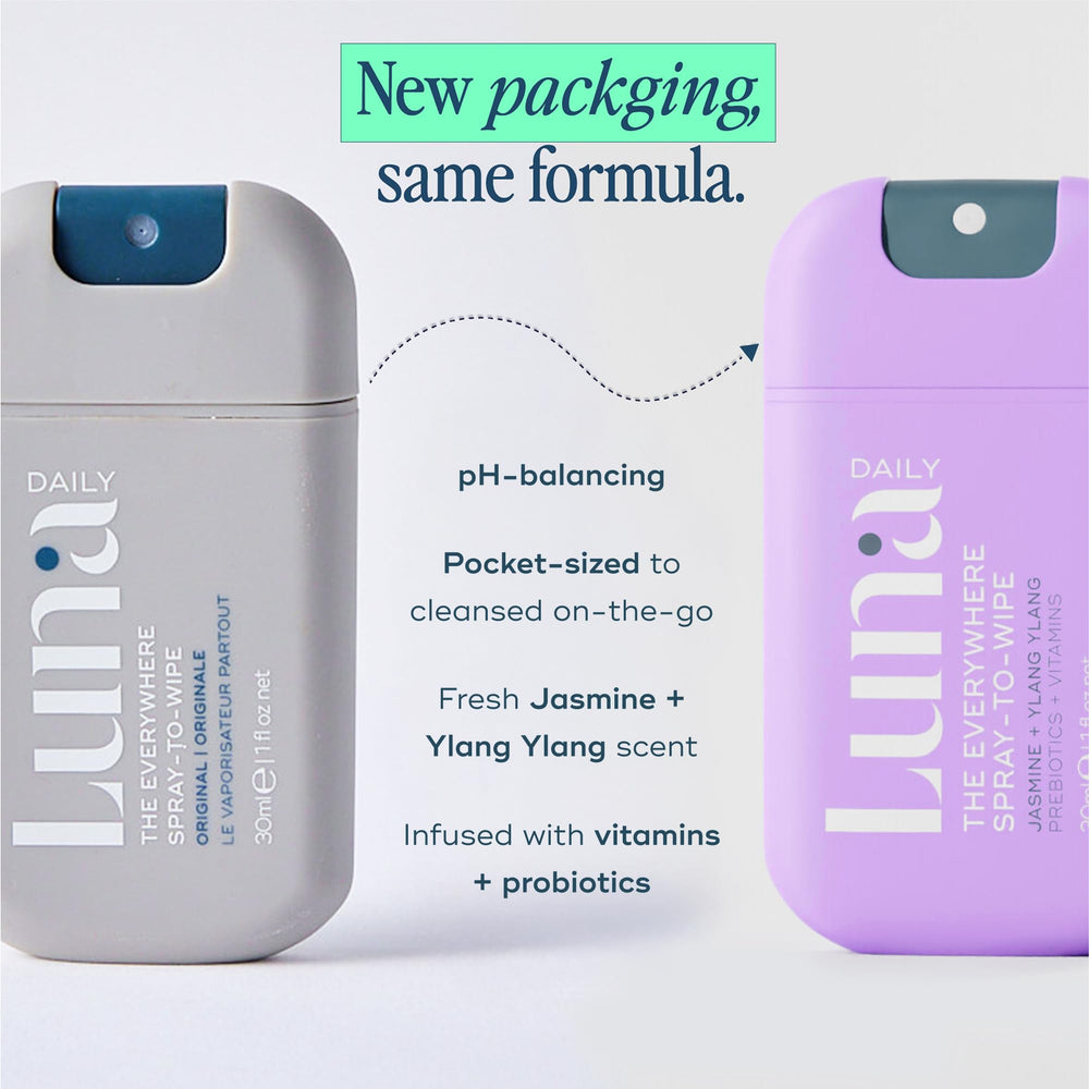 Luna Daily Mini spray on skin demonstrating instant cleansing and hydration.