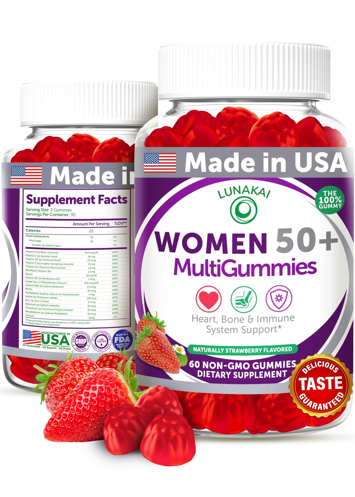 Lunakai 50+ gummies bottle-strawberry: tasty daily energy support.