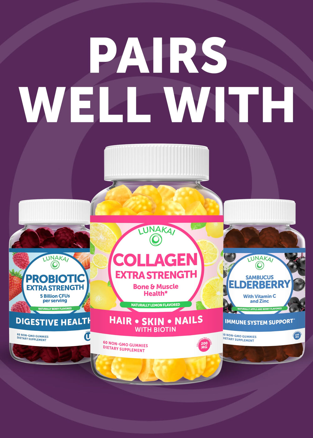 Lunakai 50+ packaging shows two gummies daily usage for consistent intake.