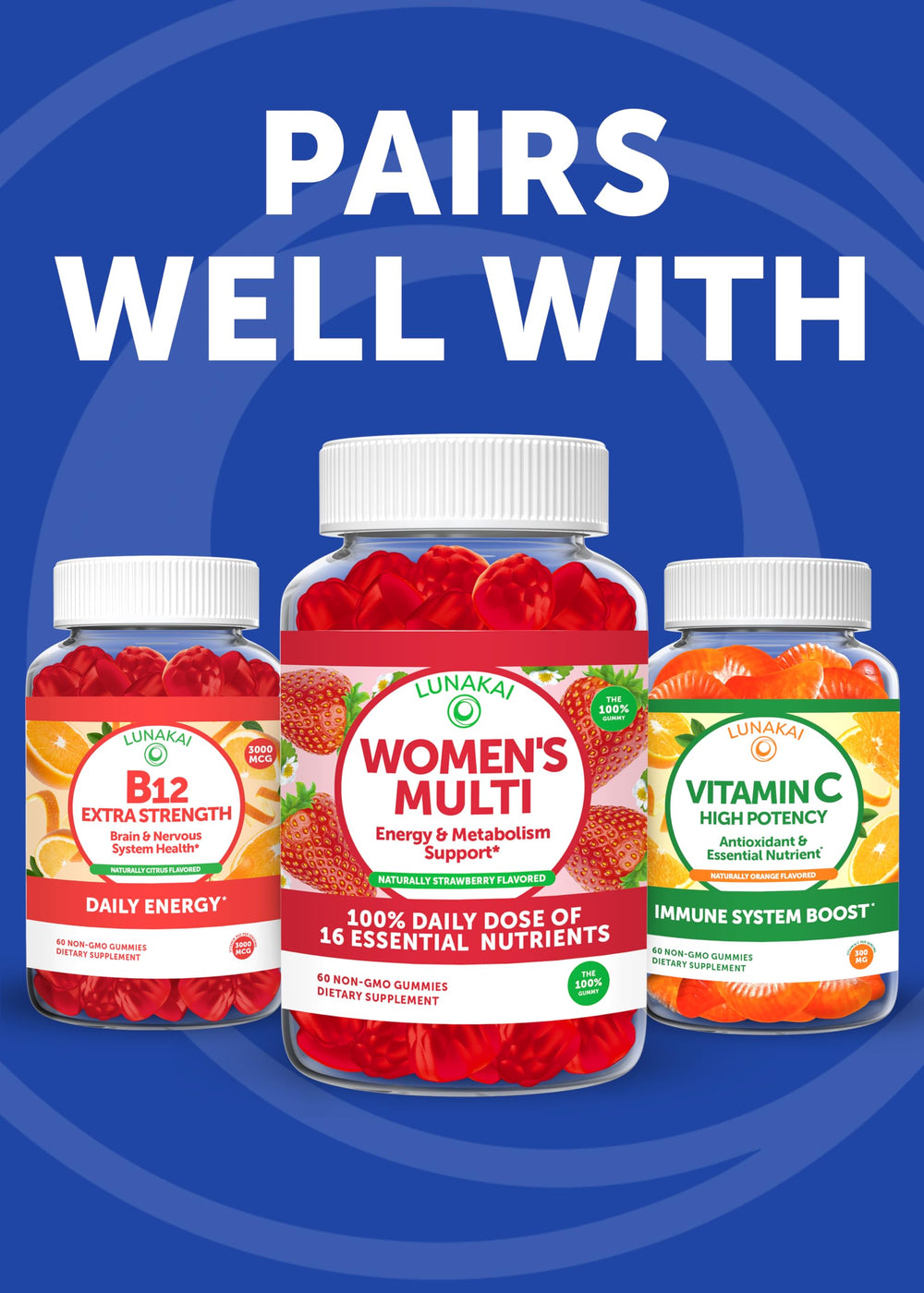 Lunakai B12 gummies bottle graphic conveying ready-to-use energy