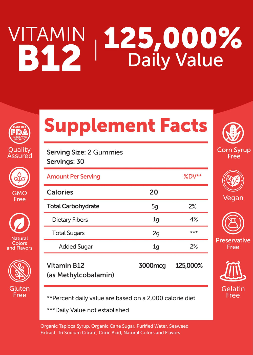 Lunakai B12 gummies citrus flavor label, USA-made quality and purity assurance