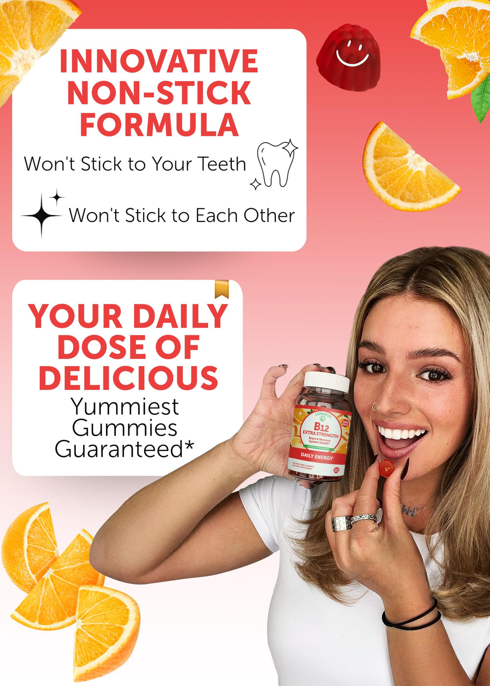 Lunakai B12 gummies on kitchen counter, vegan non-GMO energy supplement for adults