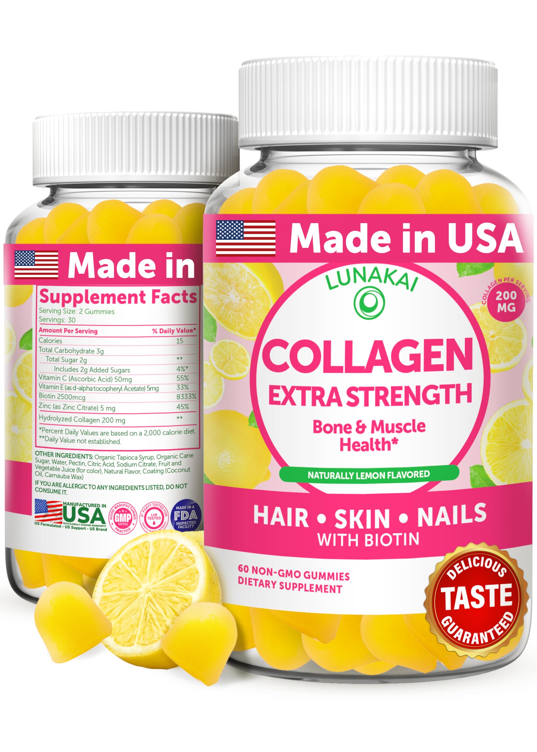 Lunakai collagen gummies jar front, 60-count bottle for daily beauty support.