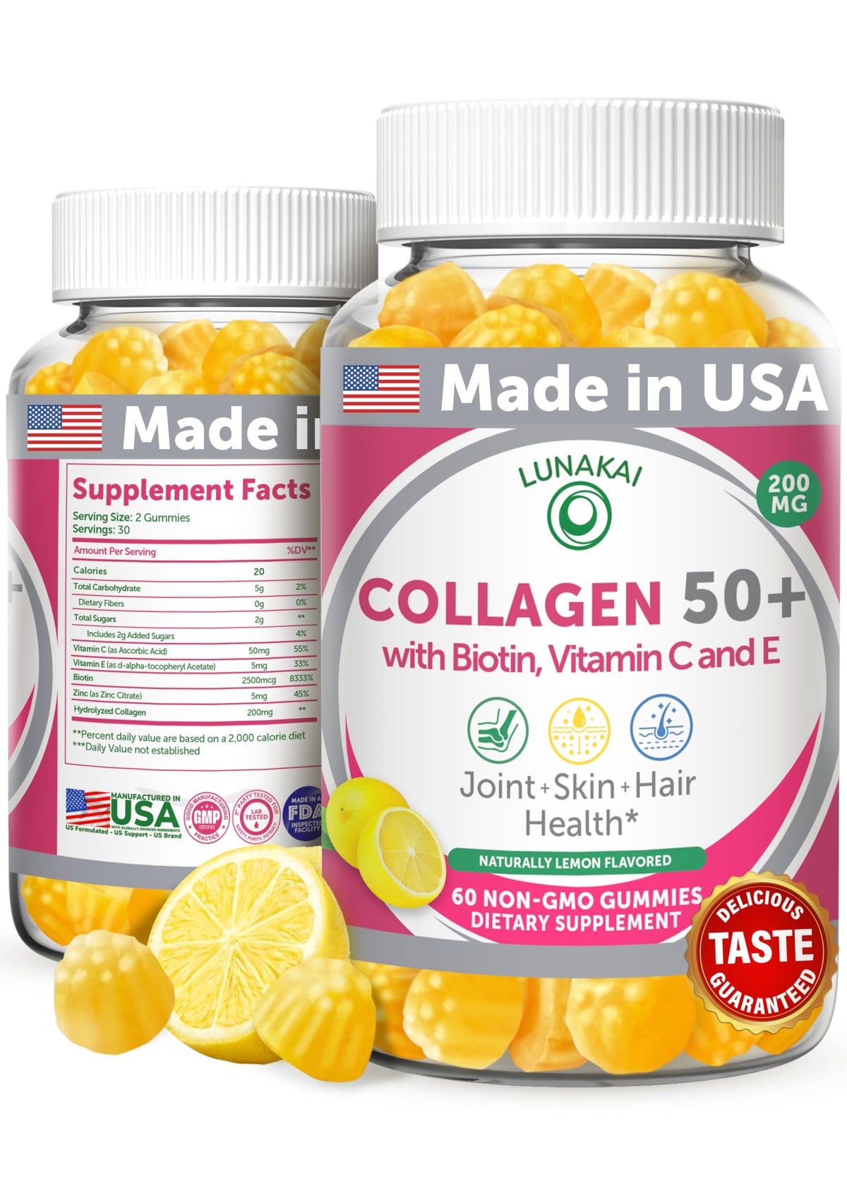 Lunakai collagen gummies lemon bottle highlighting skin elasticity and joint support