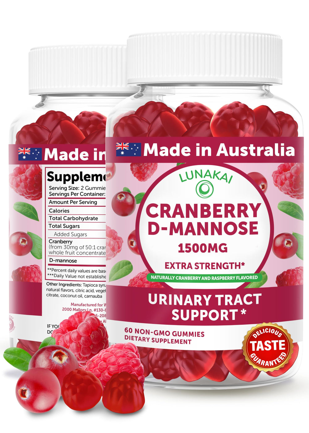 Lunakai cranberry supplement gummies bottle for daily urinary wellness.