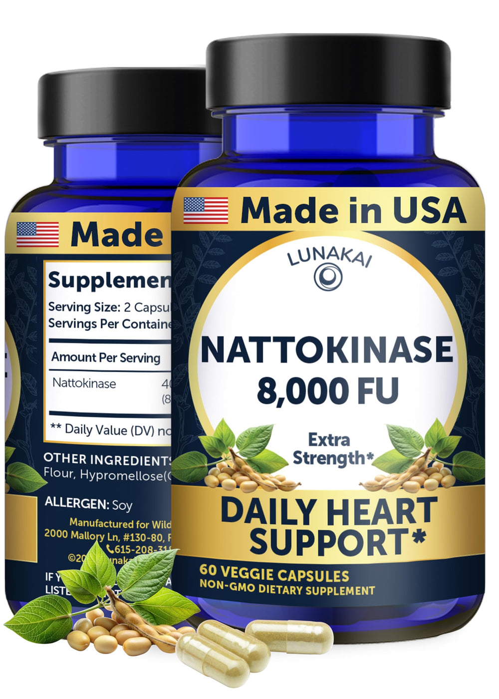 Lunakai nattokinase bottle front for daily circulation support.