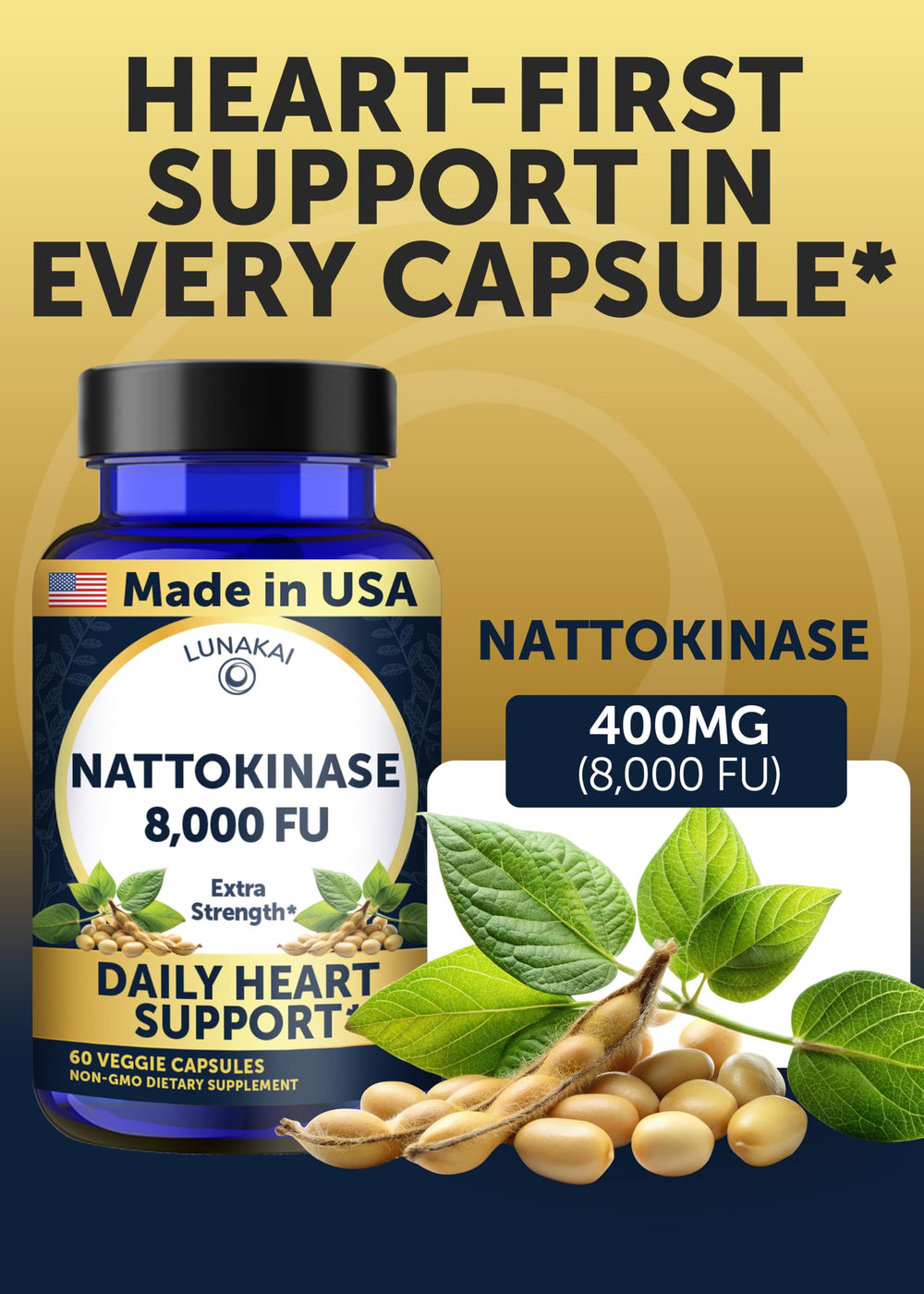 Lunakai nattokinase label close-up highlights vegan non GMO ingredients.
