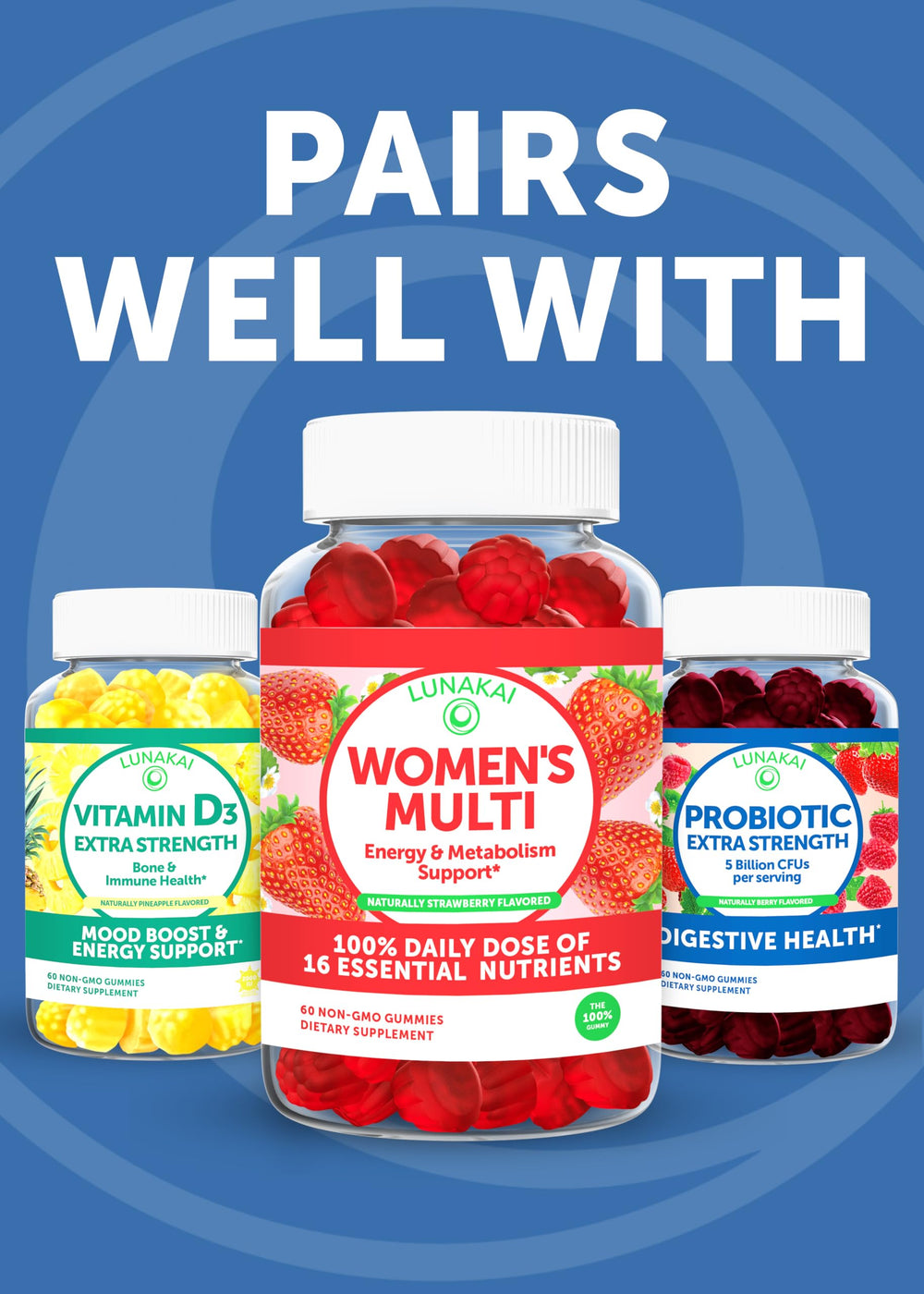 Lunakai non-GMO symbol beside bottle emphasizing clean ingredients.