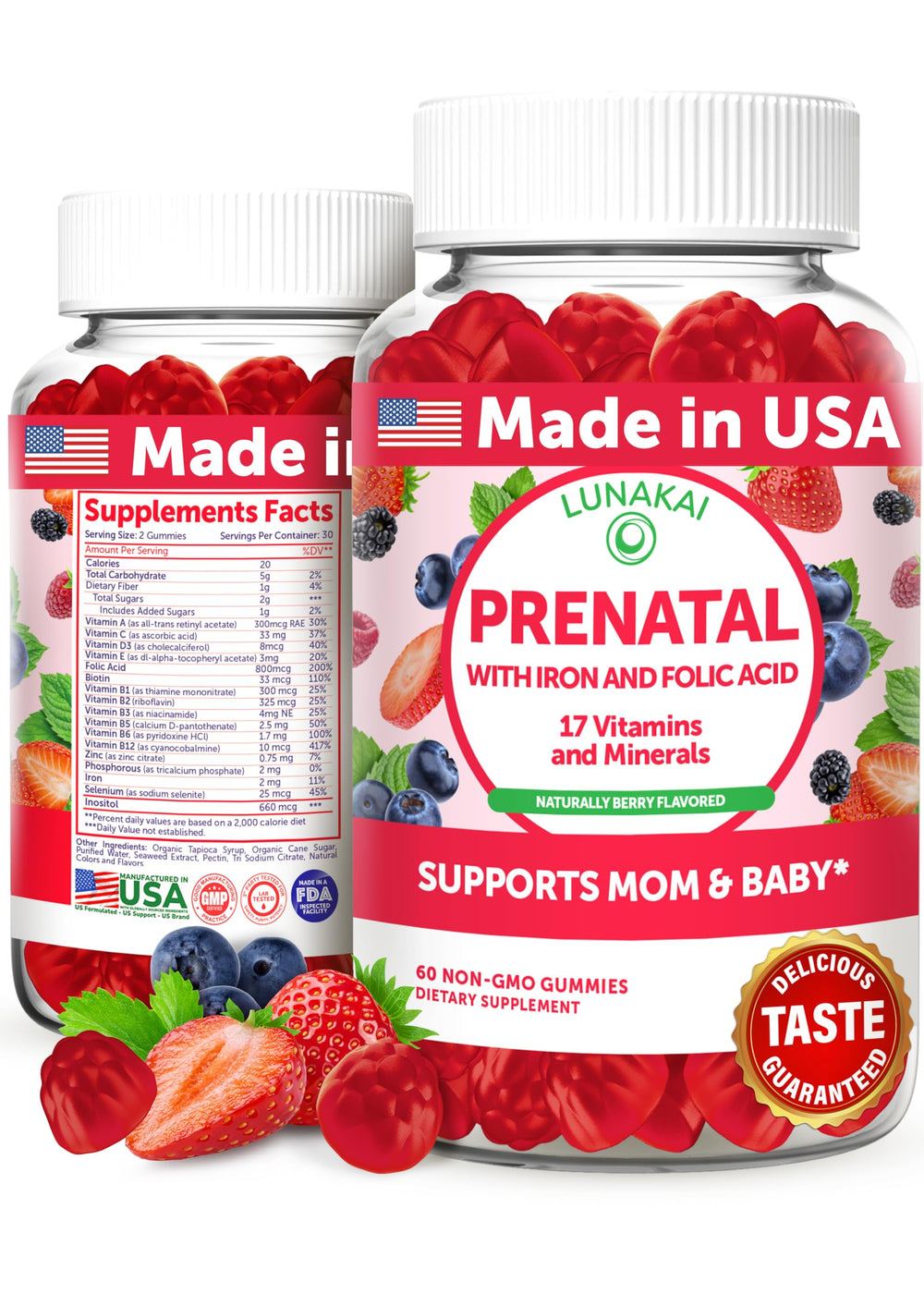 Lunakai Prenatal Gummies berry bottle on a counter, supports daily nutrient intake.