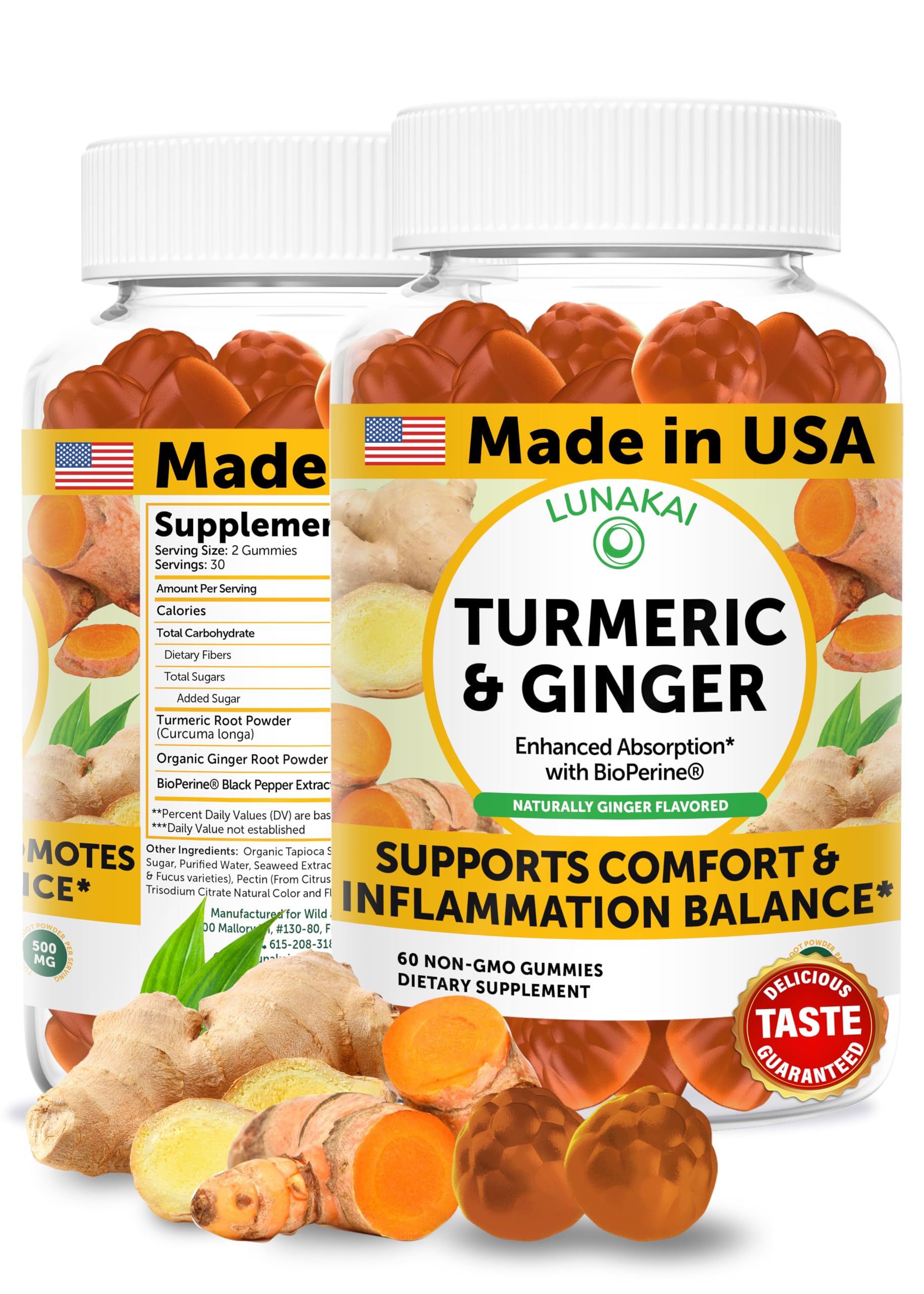 Lunakai turmeric ginger BioPerine gummies bottle front for daily joint and immune support