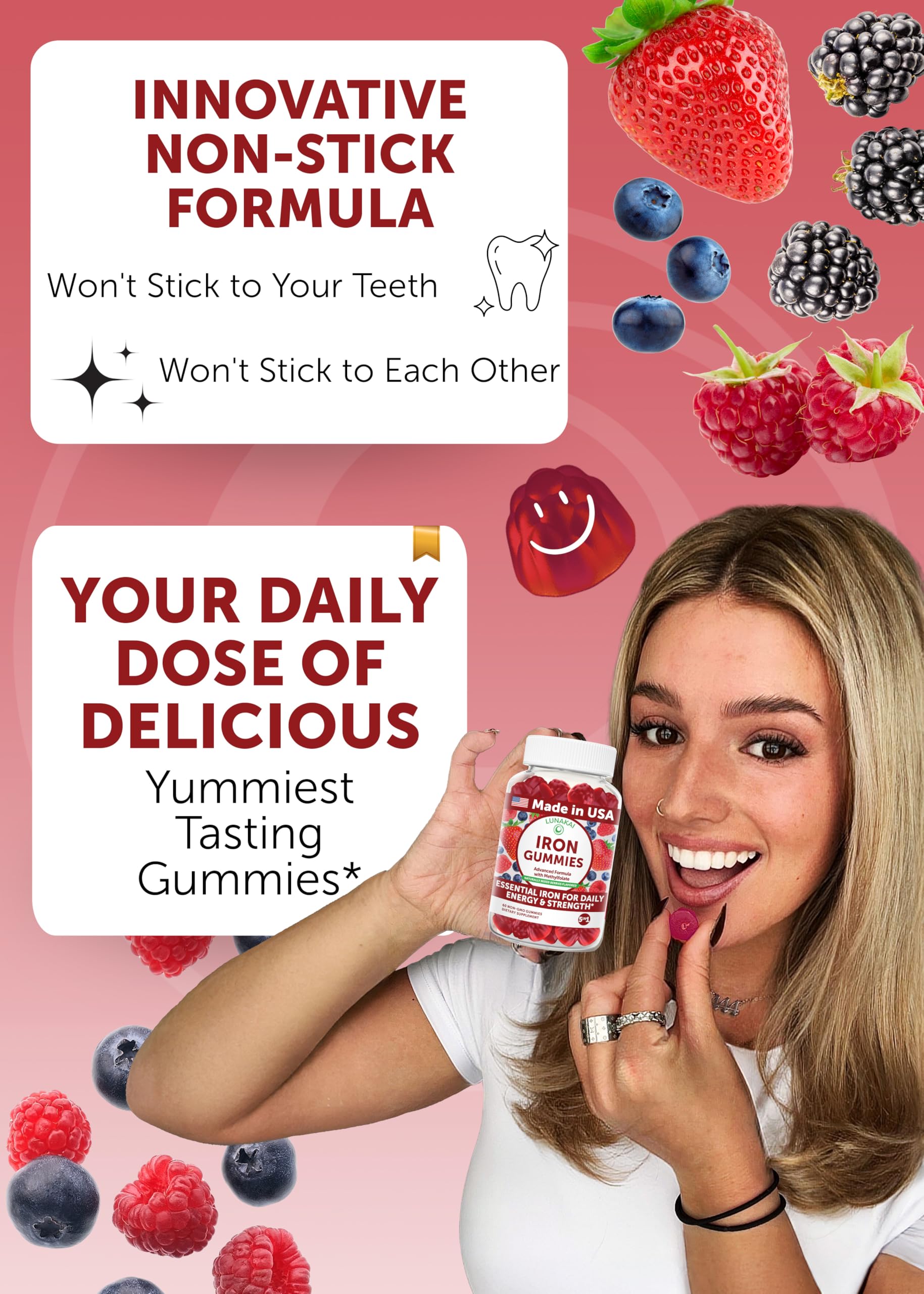 Lunakai iron gummies bottle and packaging highlight USA made quality