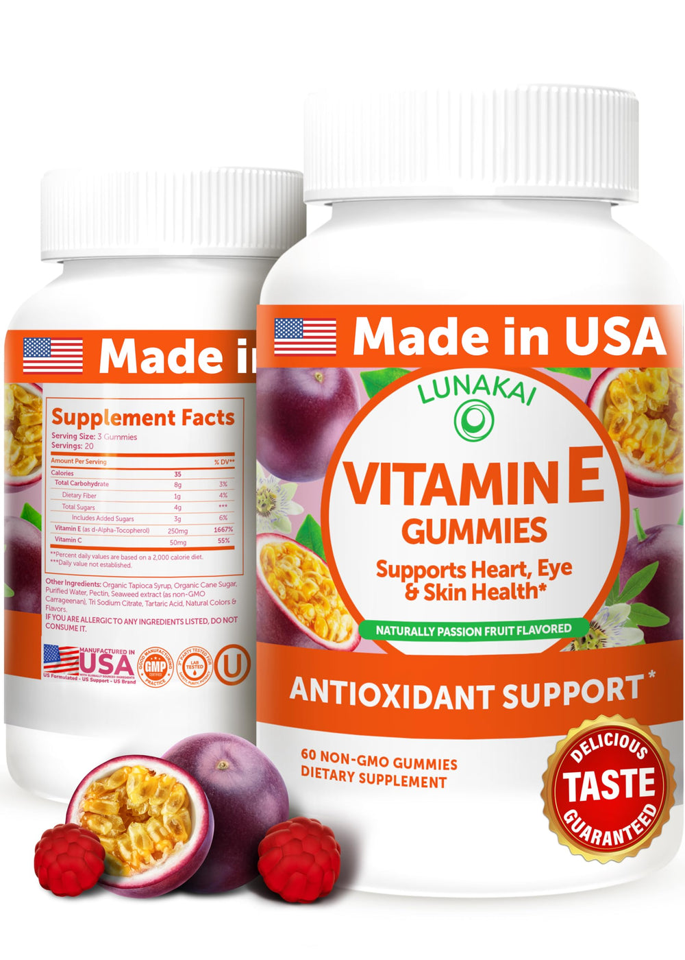 Lunakai Vitamin E gummies bottle front showing 60-count vegan formula for daily skin support.