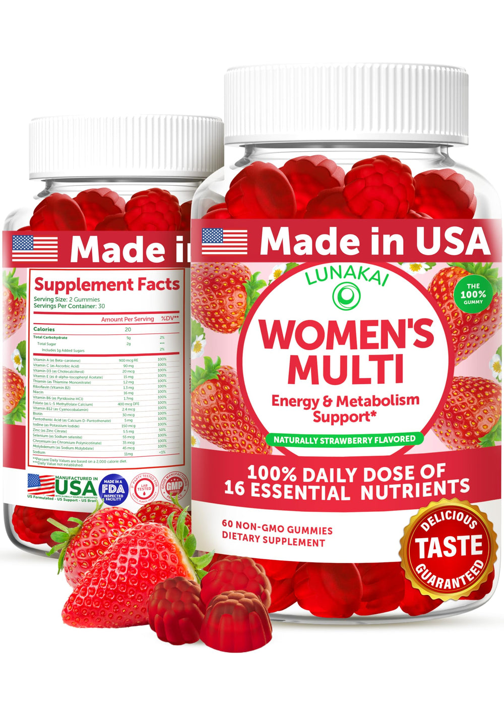 Lunakai women's multivitamin gummies front view bottle for daily energy and wellness.
