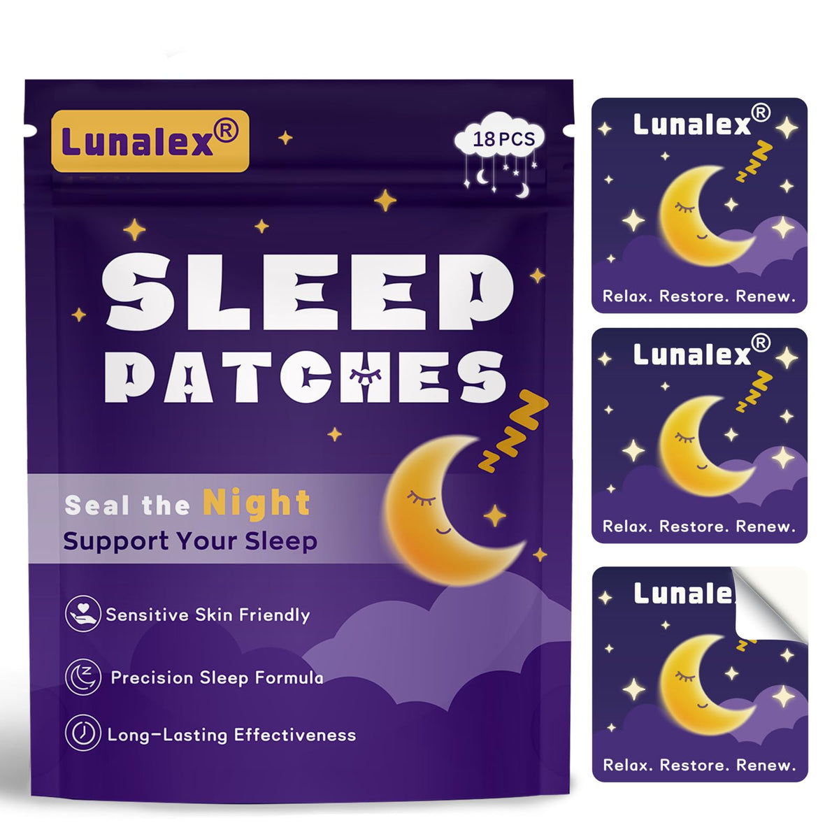 Parche Lunalex para dormir envase visible, descanso nocturno natural