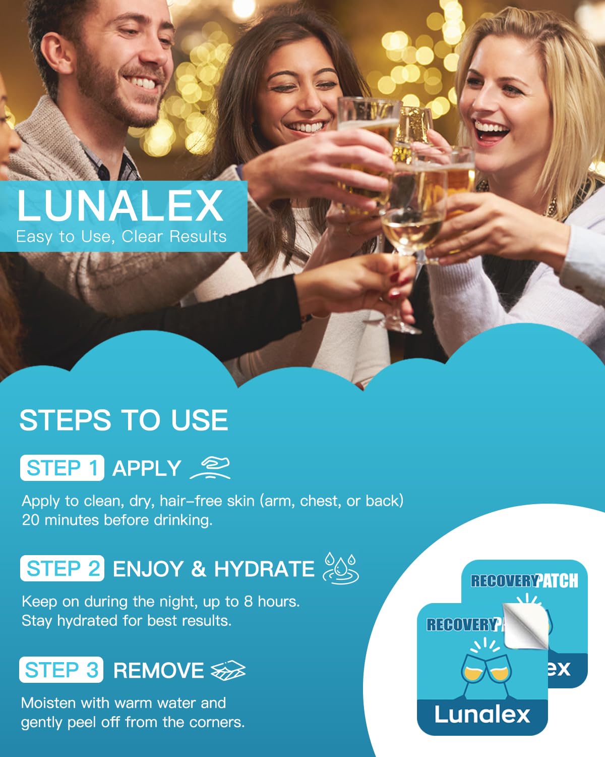 Lunalex Party Recovery Patch label highlights botanical extracts and vitamins