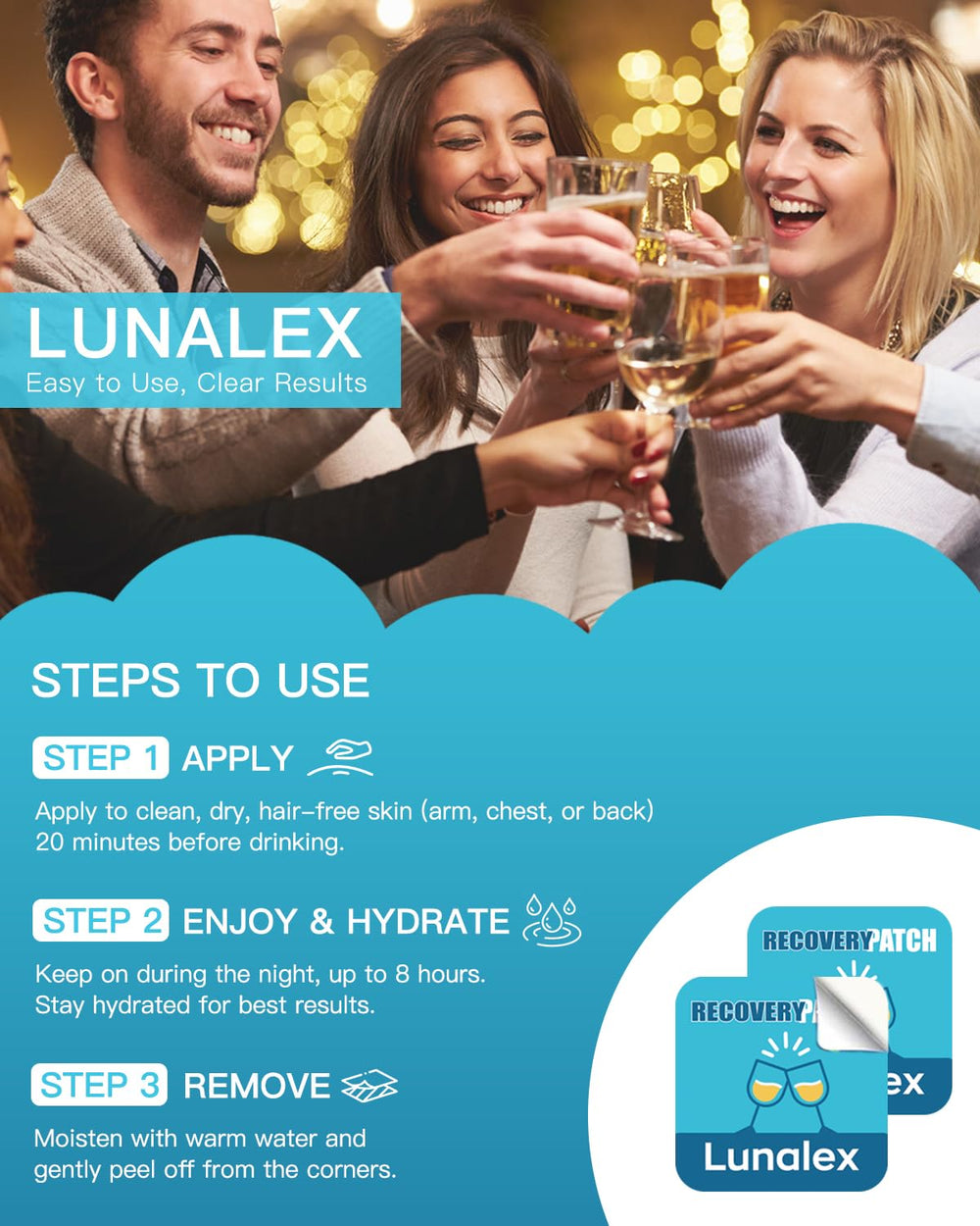 Lunalex Party Recovery Patch label highlights botanical extracts and vitamins