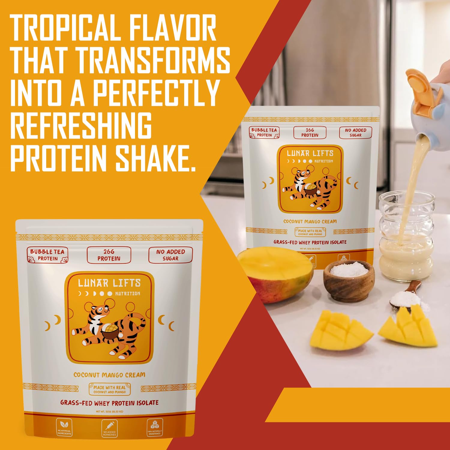 Lunar Lifts Coconut Mango Cream easy-mix powder blends smoothly in liquids
