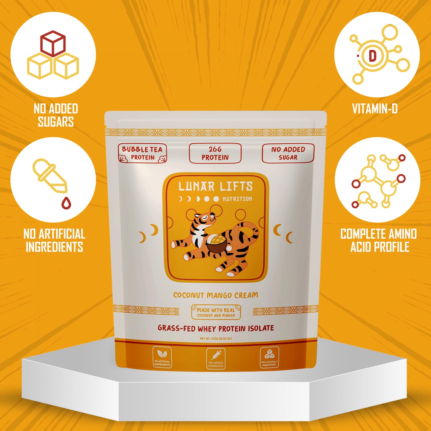 Lunar Lifts Coconut Mango Cream grass-fed whey close-up shows premium protein source