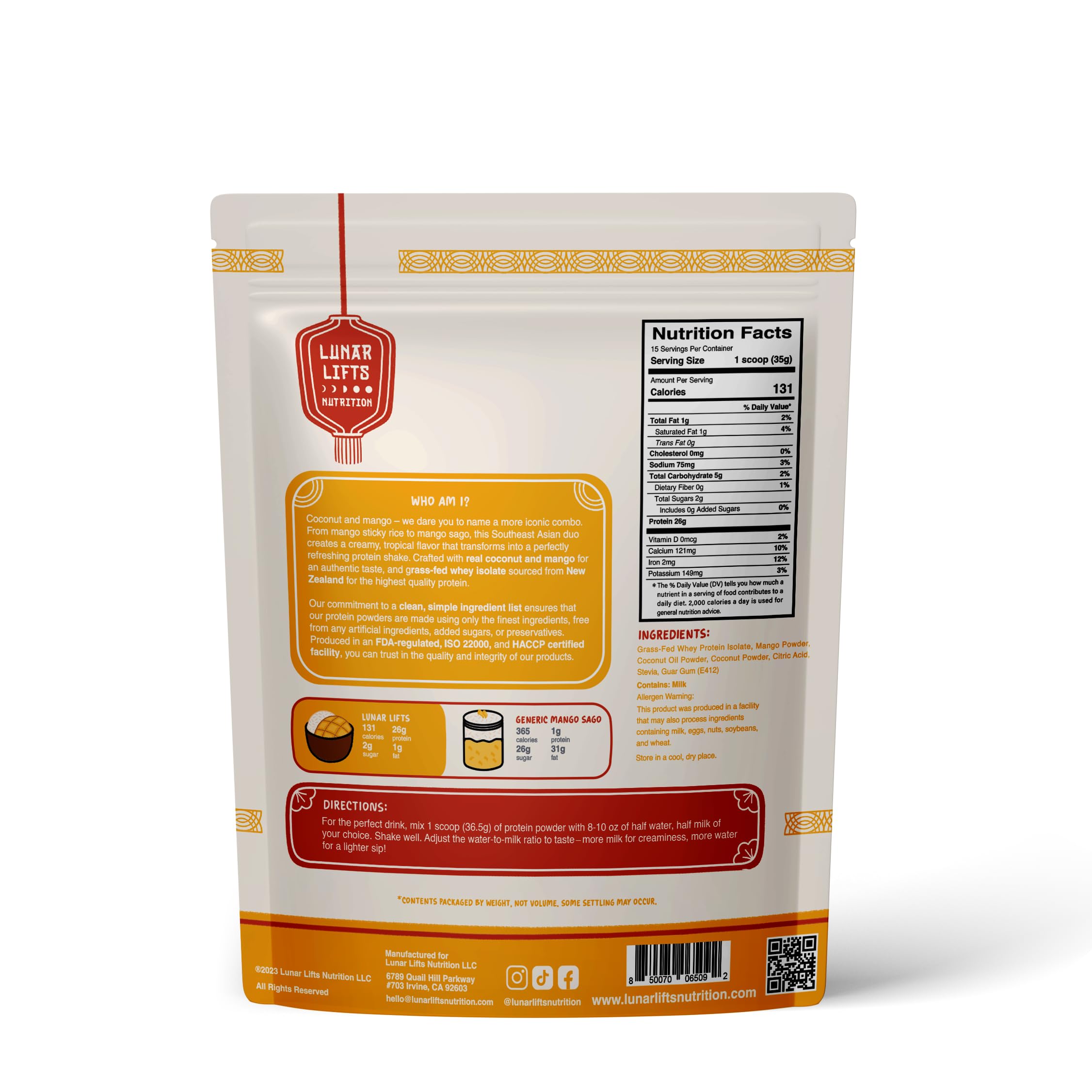 Lunar Lifts Coconut Mango Cream shake being poured for tropical protein boost