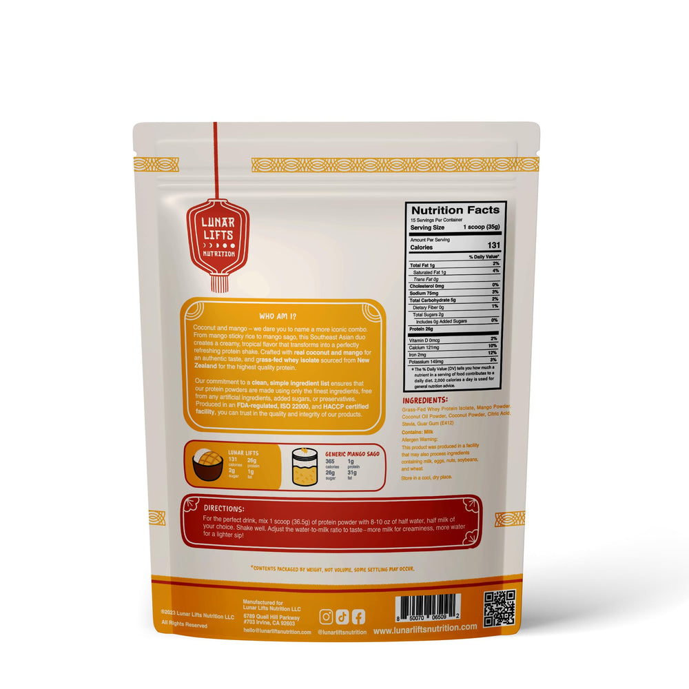 Lunar Lifts Coconut Mango Cream shake being poured for tropical protein boost
