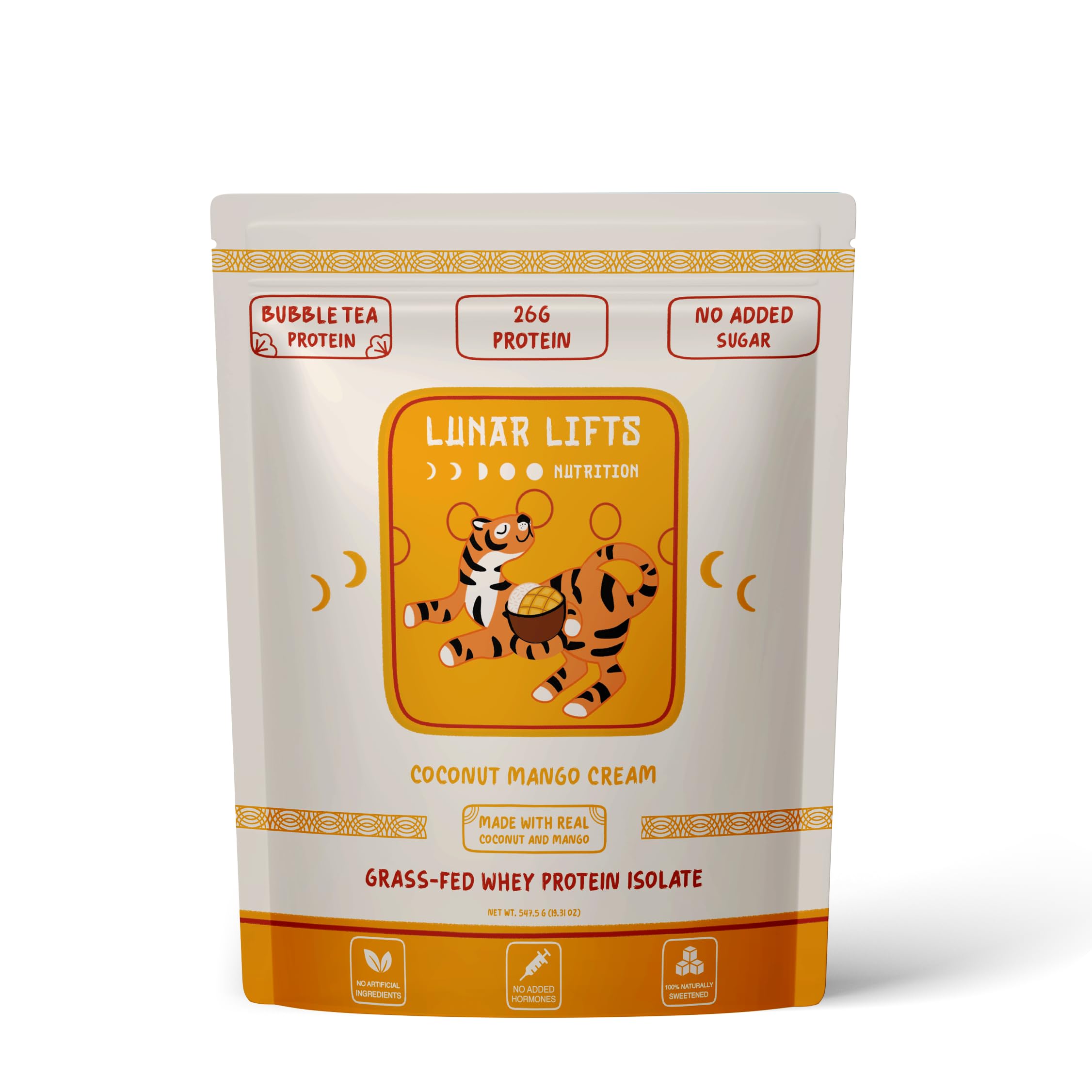 Lunar Lifts Coconut Mango Cream whey powder packaging emphasizes grass-fed protein