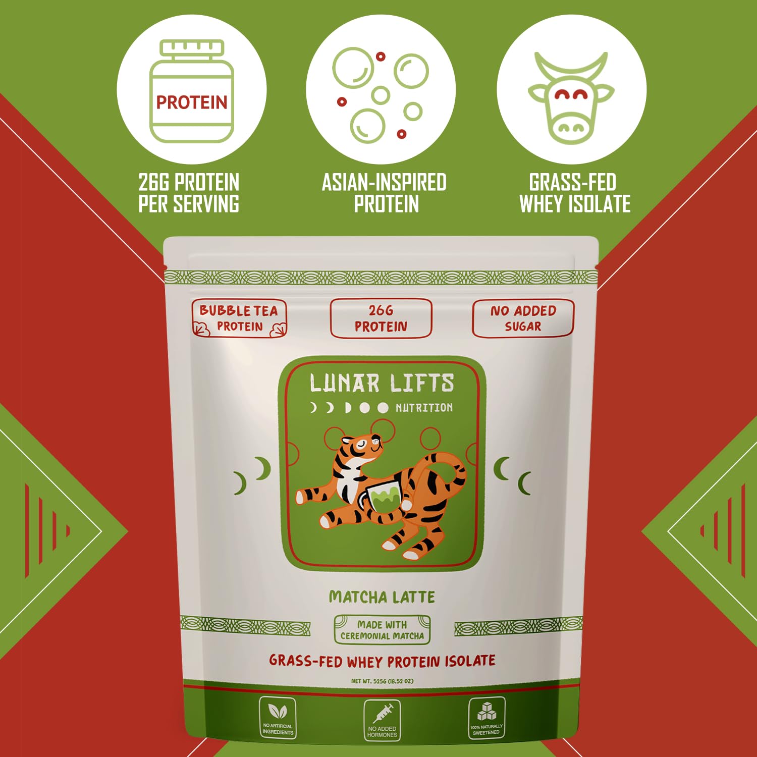 Lunar Lifts Matcha Latte whey isolate bottle emphasizing 26 g protein per serving