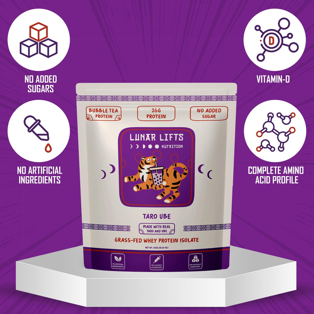 Lunar Lifts taro-ube powder with natural stevia sweetness, no added sugars