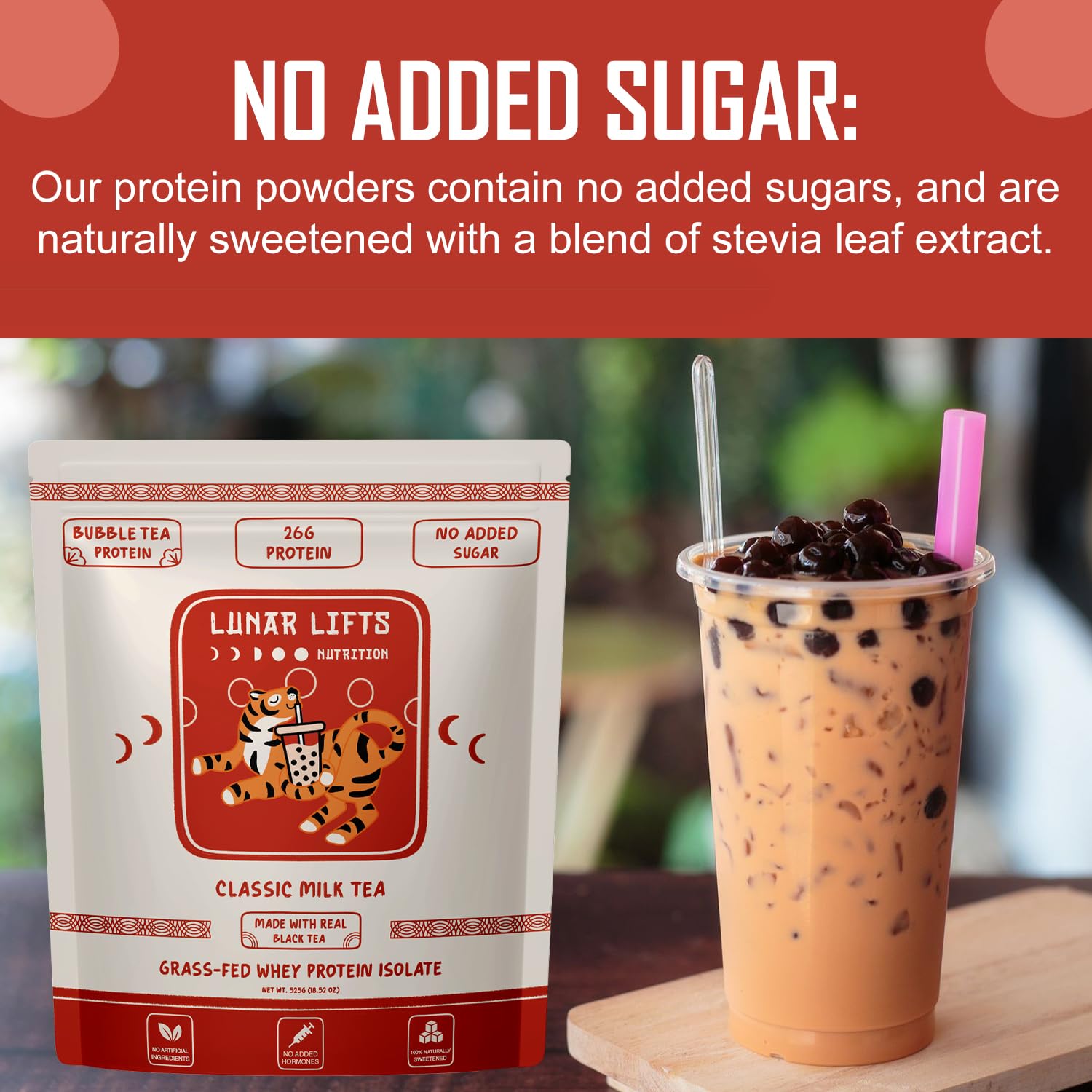 Lunar Lifts Nutrition post-workout shake with bubble tea touch.