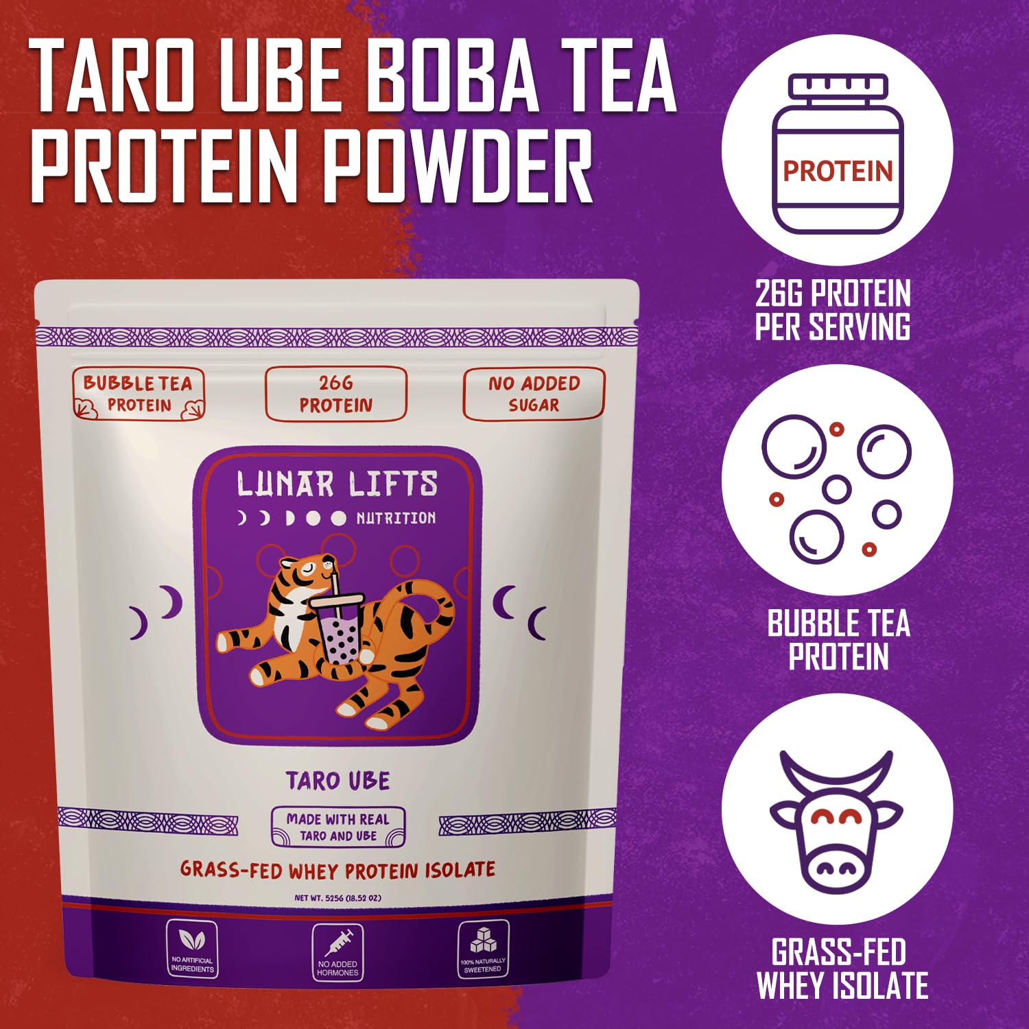 Lunar Lifts taro-ube bubble tea powder scoop—easy on-the-go protein