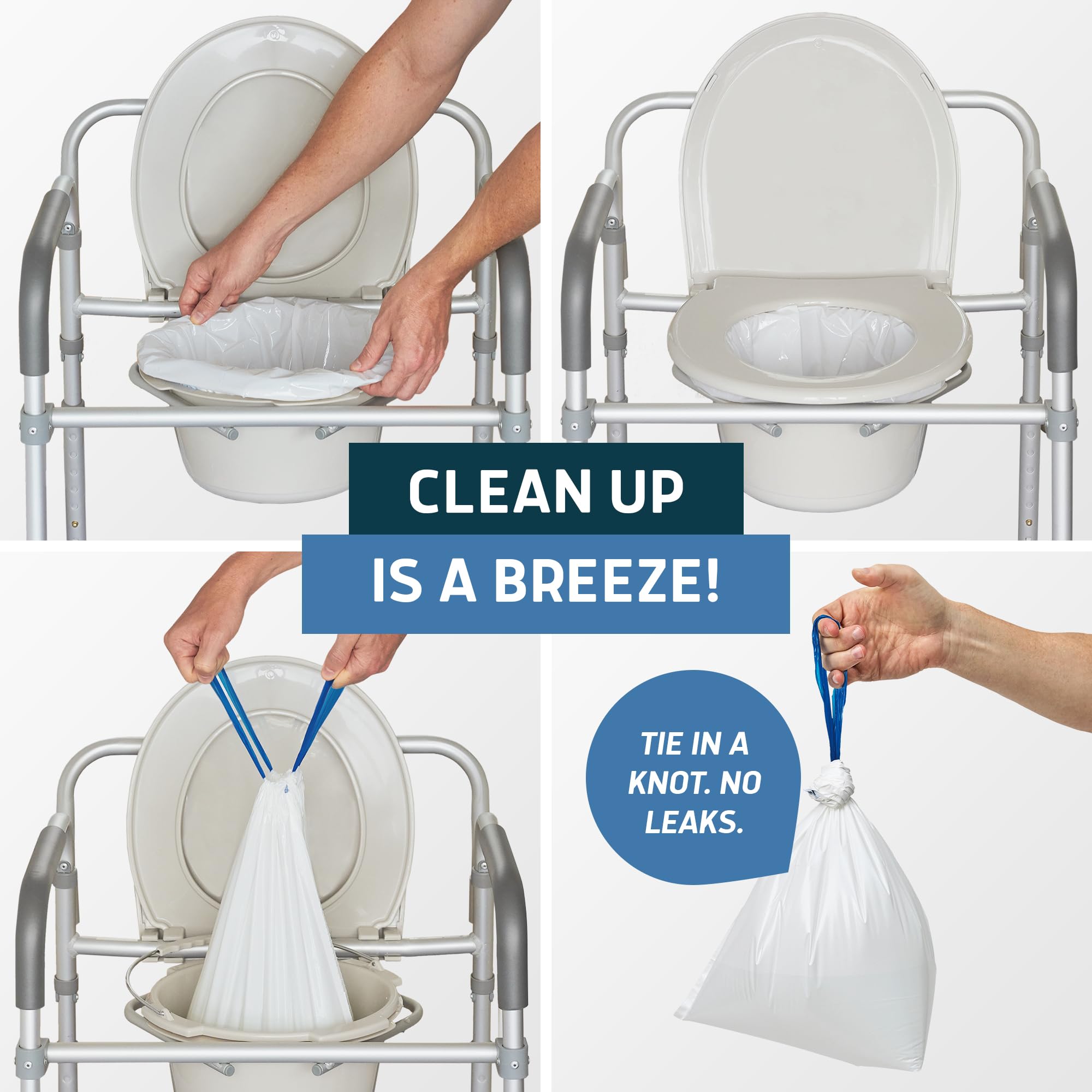 Lunderg Commode Liners being tied after use to seal contents