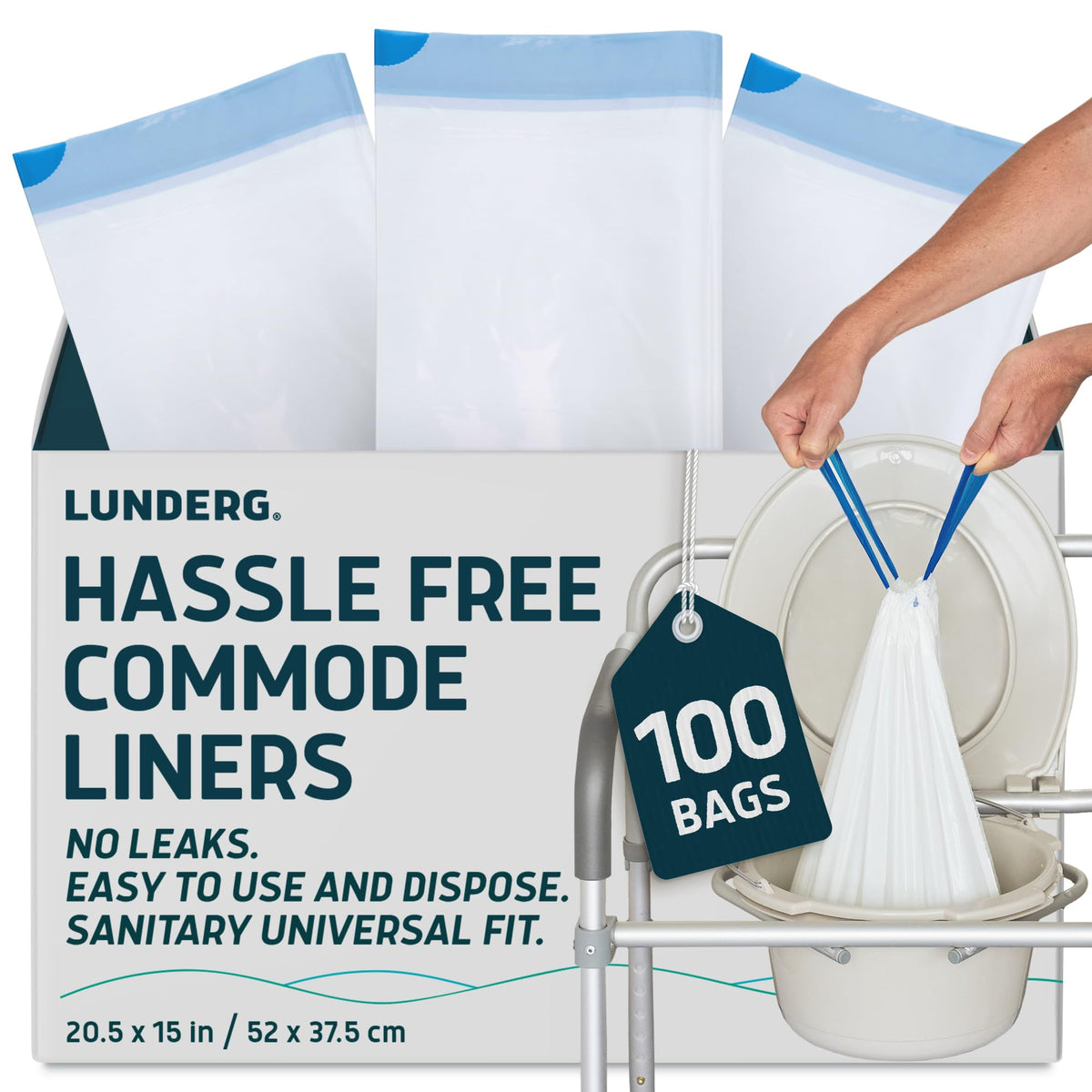 Lunderg Commode Liners value pack box showing organized 100 bags for easy access