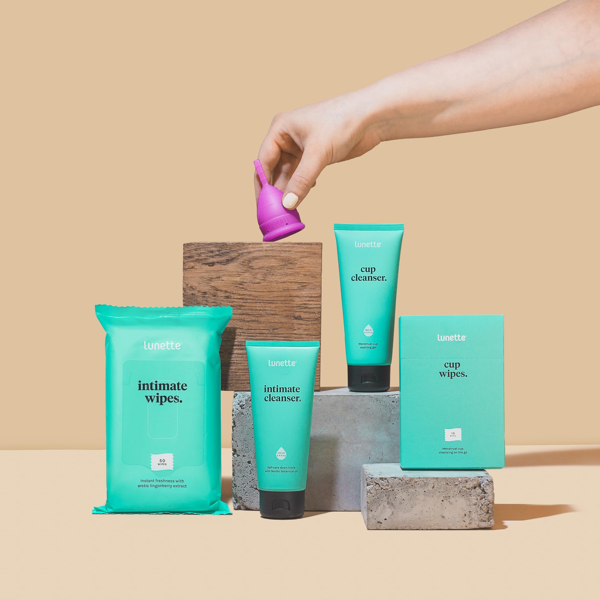 Lunette Cup Cleanser packaging emphasizes eco-friendly recyclable materials.