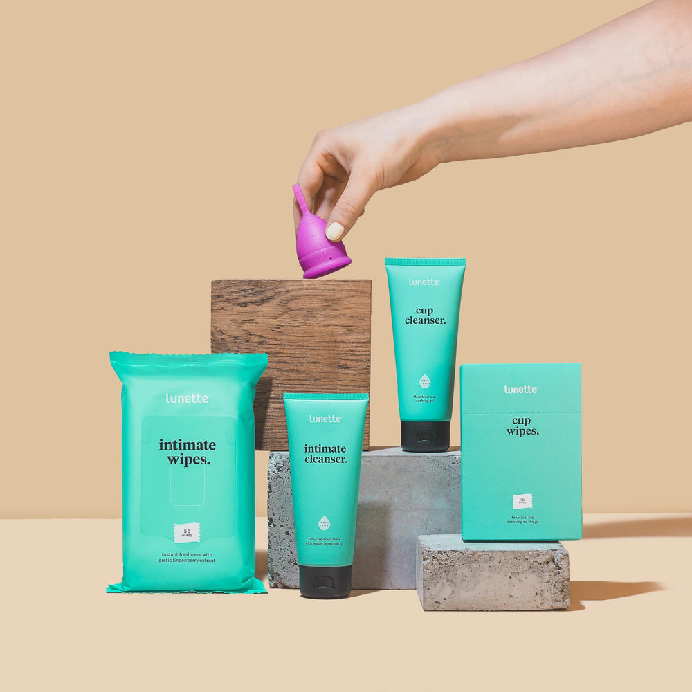 Lunette Cup Cleanser packaging emphasizes eco-friendly recyclable materials.
