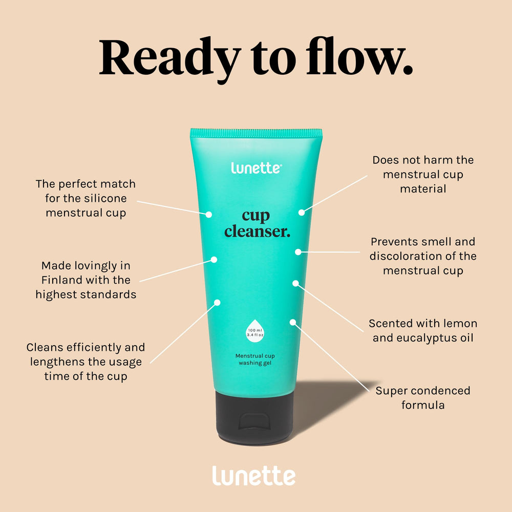 Lunette Cup Cleanser highlights plant-based ingredients for gentle cleaning.