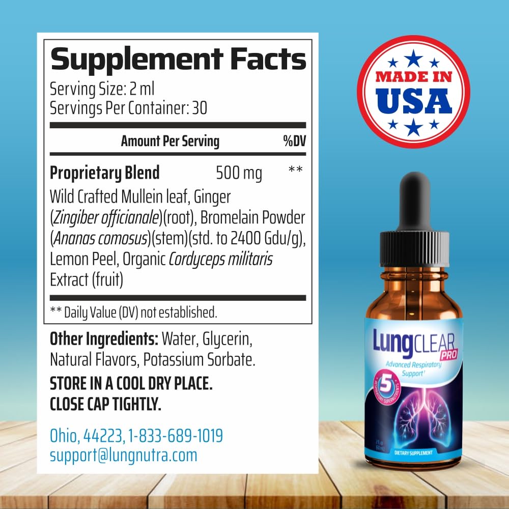 Lifestyle scene showing a wellness routine with Lung Clear Pro drops and calm air moment.
