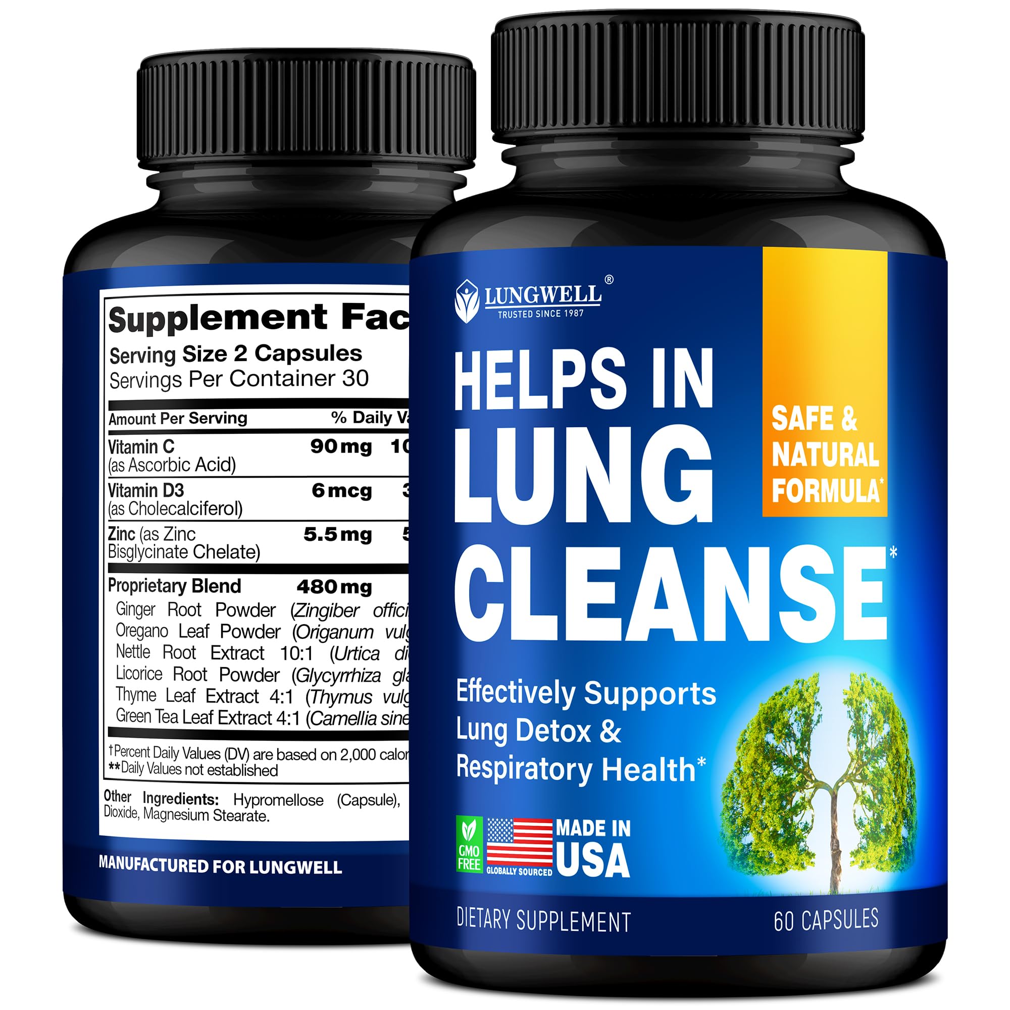 LungWELL quit smoking aid bottle showing natural ingredients for lung support