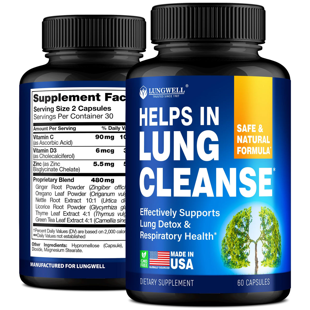 LungWELL quit smoking aid bottle showing natural ingredients for lung support