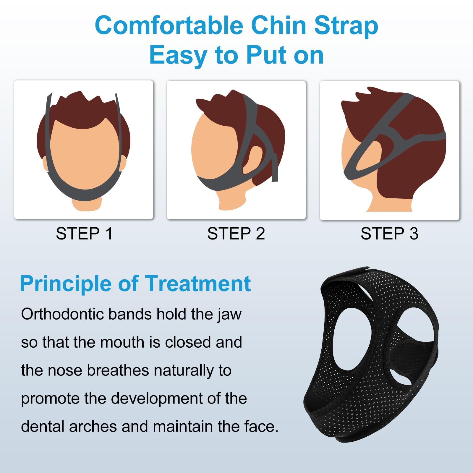LUNIA black sleep chin strap close-up shows secure fit and breathability.