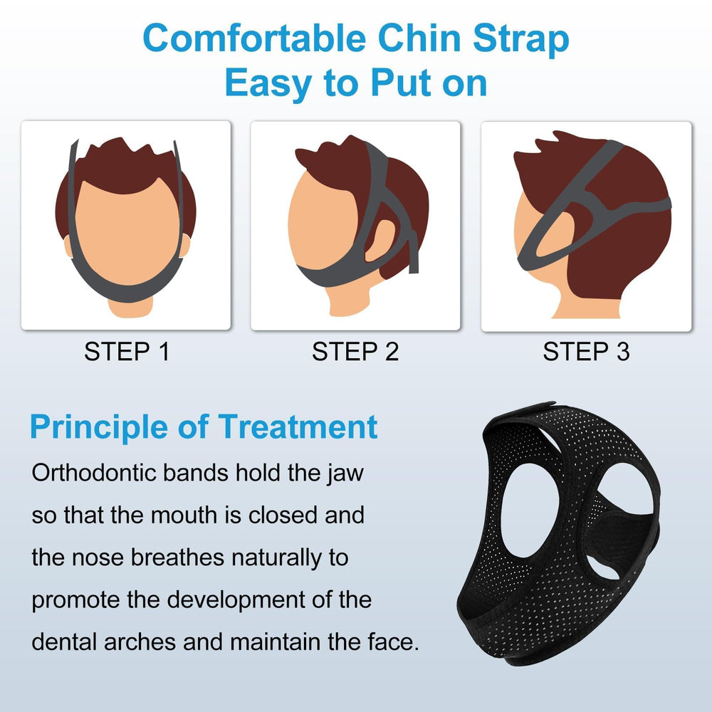 LUNIA black sleep chin strap close-up shows secure fit and breathability.