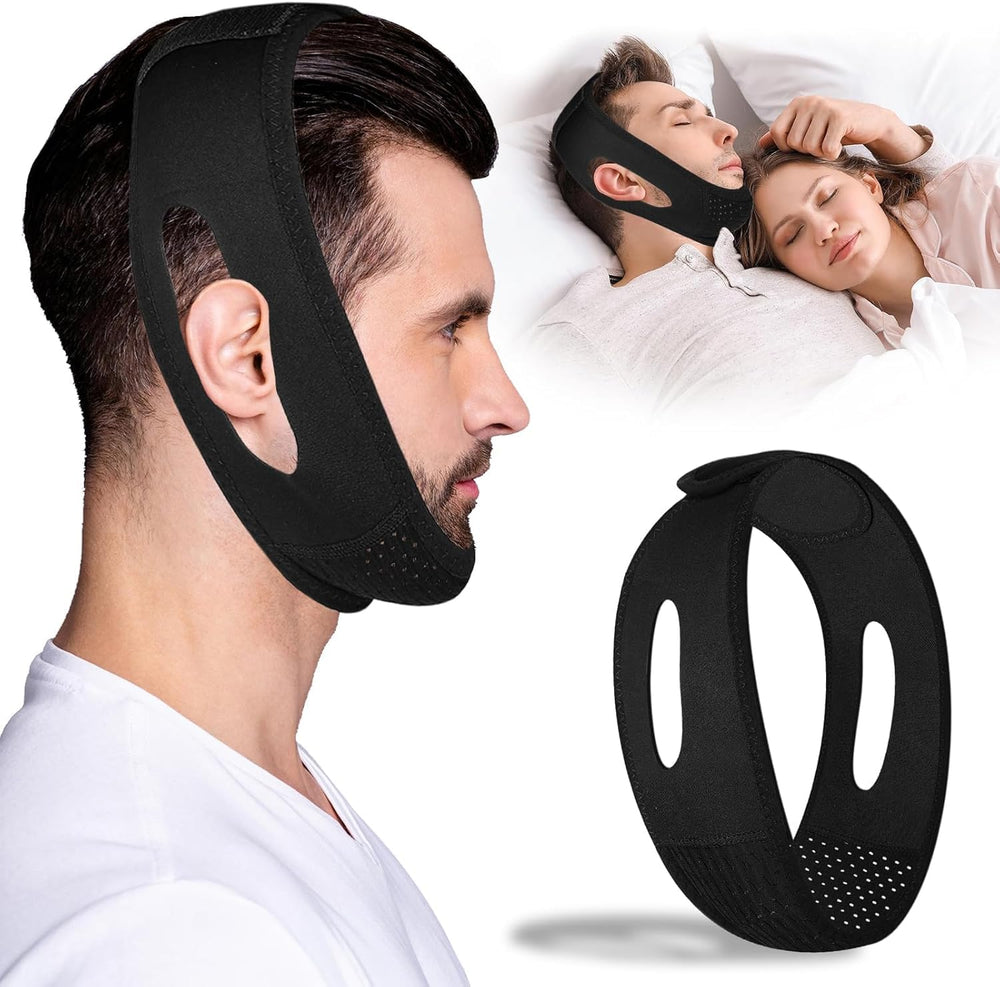 LUNIA chin strap sleeping black closeup for comfortable nasal breathing during sleep