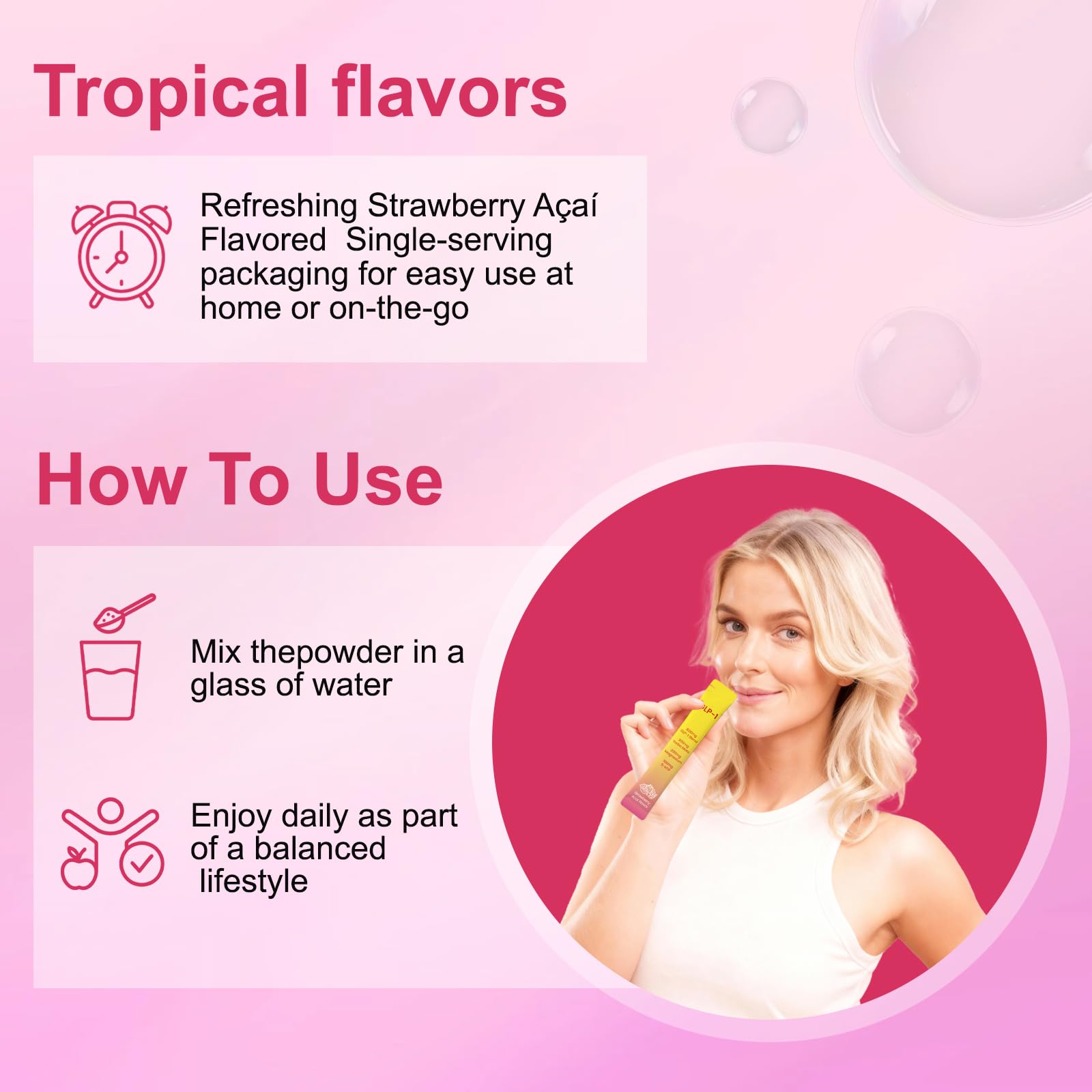 Close-up of Lunivox GLP-1 Drink Mix ingredients highlighting prebiotic fibers for gut support